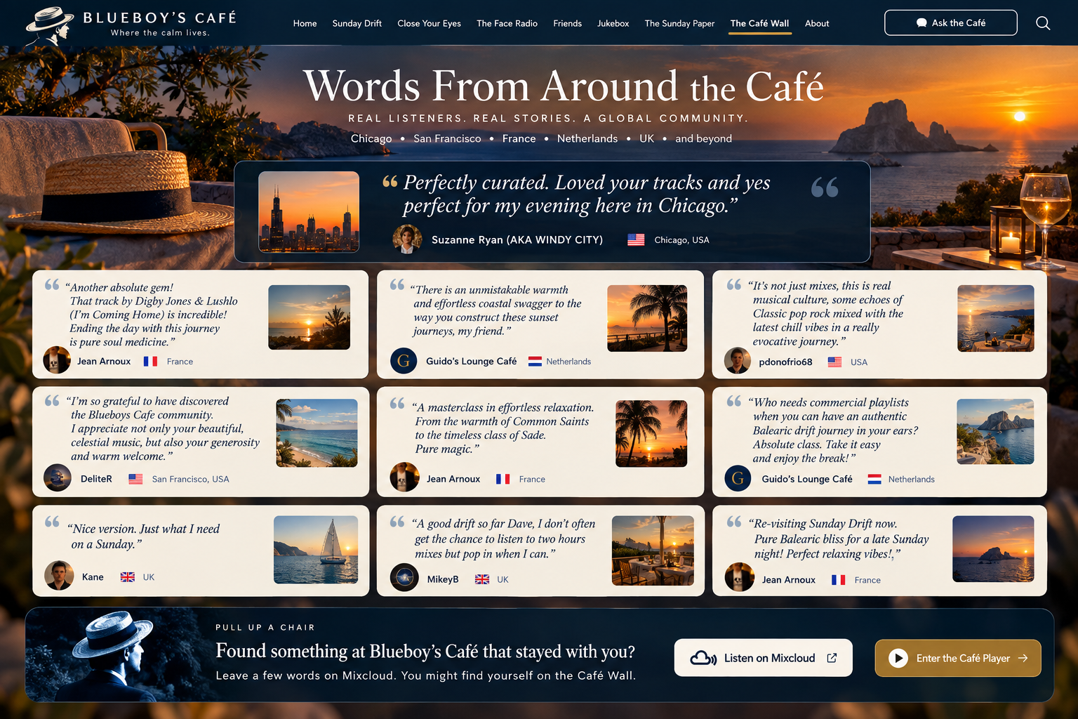 Blueboy’s Café Wall — listener testimonials from around the world